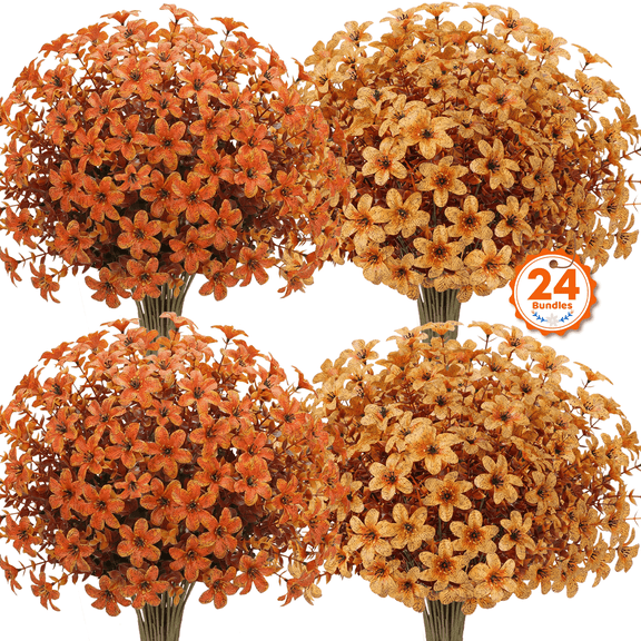 AcerichFad Artificial Fall Flowers Outdoors, 24 Bundles Fake Silk Flowers Faux Plants for Outside Yard Garden Porch Patio Autumn Thanksgiving Home Decor, Orange Yellow