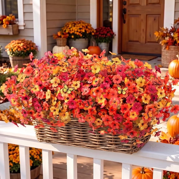 AcerichFad Fall Flowers Outdoor, 24 Bundles Artificial Autumn Fake Silk Flowers Faux Plants with Butterflies for Outside Indoor Yard Garden Porch Patio Home Decor
