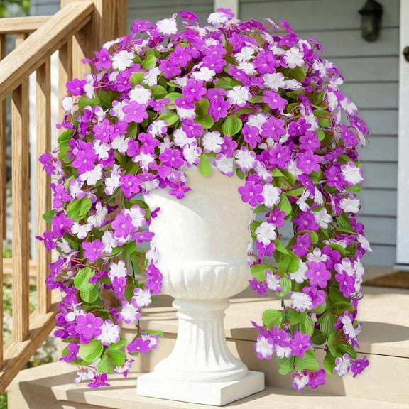 AcerichFad Artificial Hanging Flowers Outdoors, 2 Pcs Fake Silk Flowers Faux Plants Long Trailing Vines for Outside Spring Summer Yard Garden Porch Patio Home Decor, Purple