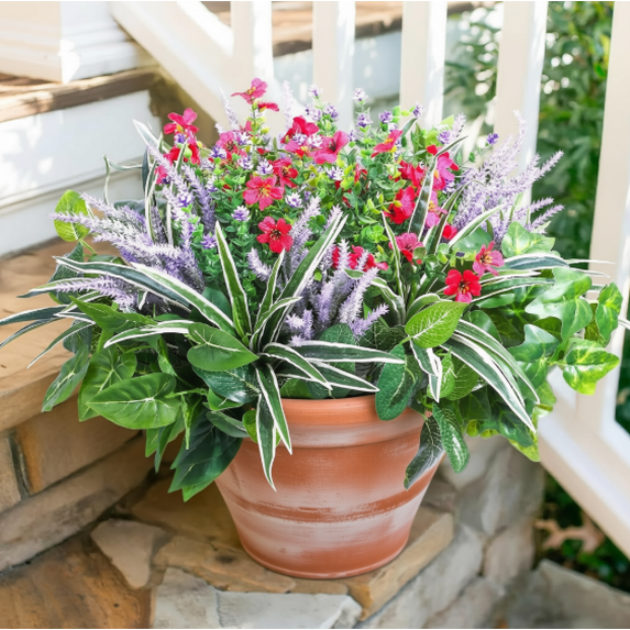 AcerichFad Artificial Plants for Outdoor, 24 Bundles Faux Greenery Fake Plastic Leaves with Stems for Outdoor Indoor Summer Patio Garden Porch Yard Home Decor