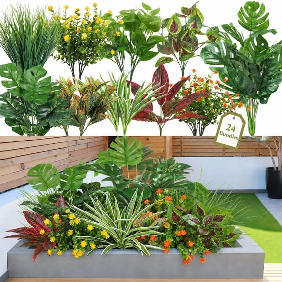 AcerichFad Artificial Plants for Outdoor, 24 Bundles Faux Greenery Fake Plastic Flowers with Stems for Outdoor Indoor Summer Patio Garden Porch Yard Home Decor