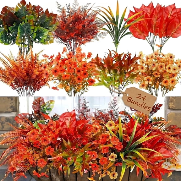 AcerichFad Artificial Fall Flowers for Outdoors, 24 Bundles Fall Fake Plants Plastic Faux Flowers for Outdoor Indoor Autumn Thanksgiving Garden Yard Window Home Decor