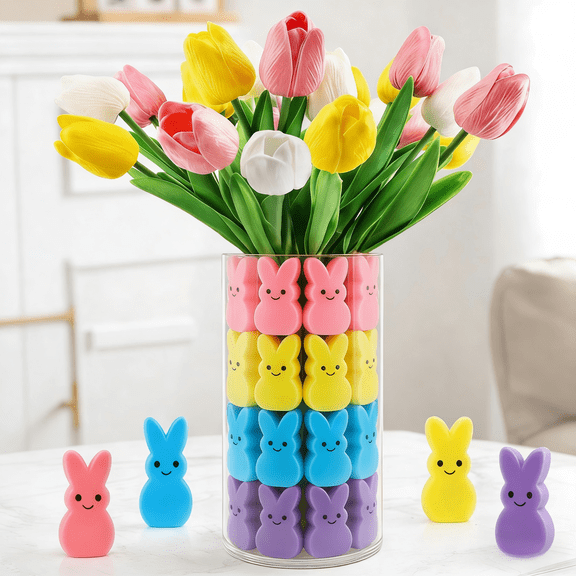 AcerichFad Easter Decor, 15 Pcs Artificial Tulips Flowers with 48 Pcs Bunnies Filler Set for Vase Indoor Home Dining Table Spring Easter Decorations