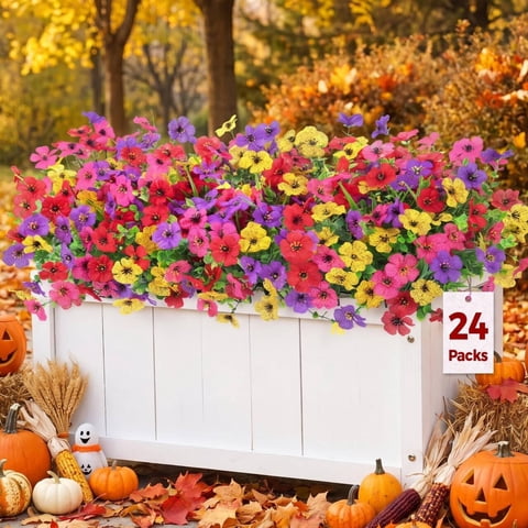 AcerichFad Artificial Flowers Outdoor, 24 Bundles Faux Silk Flowers Fake Plants for Outside Spring Summer Yard Garden Porch Patio Decor, Multicolor