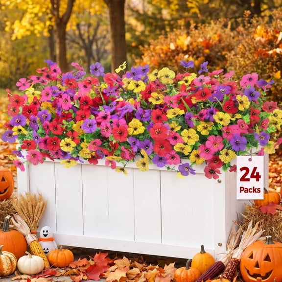 AcerichFad Artificial Flowers Outdoor, 24 Bundles Faux Silk Flowers Fake Plants for Outside Spring Summer Yard Garden Porch Patio Decor, Multicolor