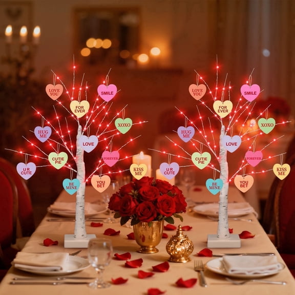 AcerichFad Artificial Trees Decoration, 2 Pack 24" Table Decor Tree Light with 12 Heart Ornaments for Easter Mother's Day Home Bedroom Table Decor