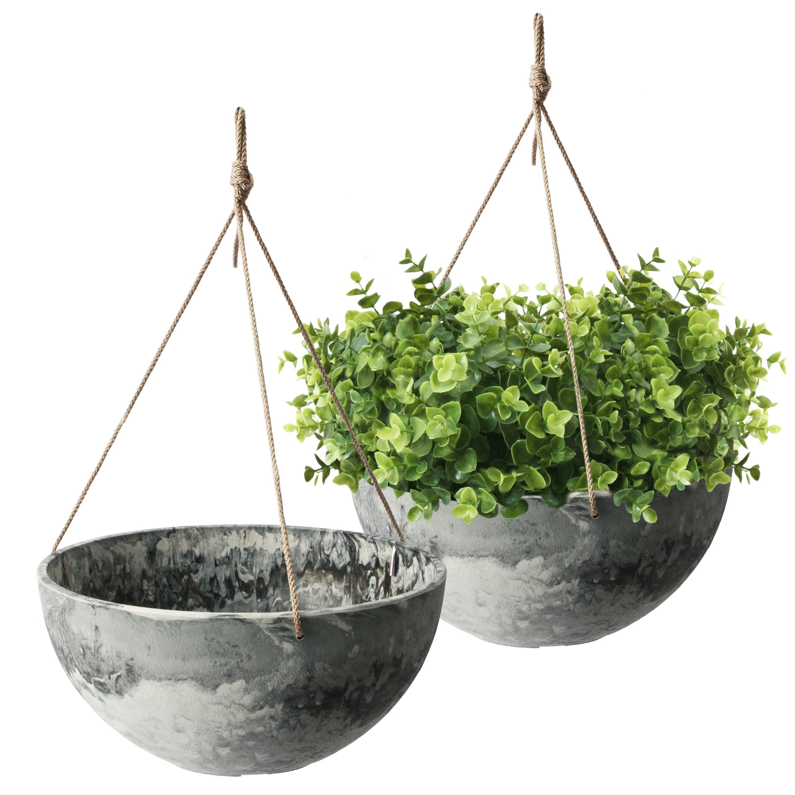 Gray Marble 14" Hanging Planter Set with Rope Hangers