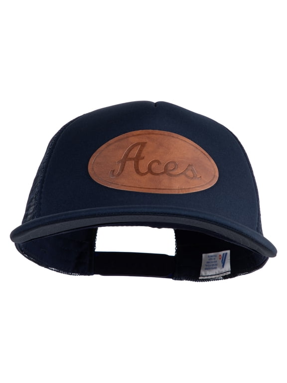 Aces Faux Leather Patched Flat Bill Trucker Snapback Cap - Navy OSFM