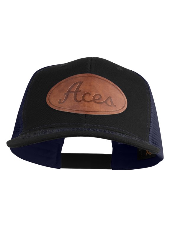 Aces Faux Leather Patched Premium Mesh Trucker Cap - Black Navy OSFM