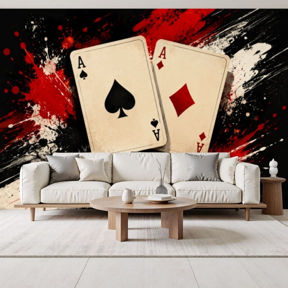 Aces Playing Cards Poker Chips Dynamic Red Black Grunge Art Peel and Stick Wall Murals 69"H x 96"W Removable PVC Wallpaper Self-Adhesive Wall Paintings for Bedroom Living Room