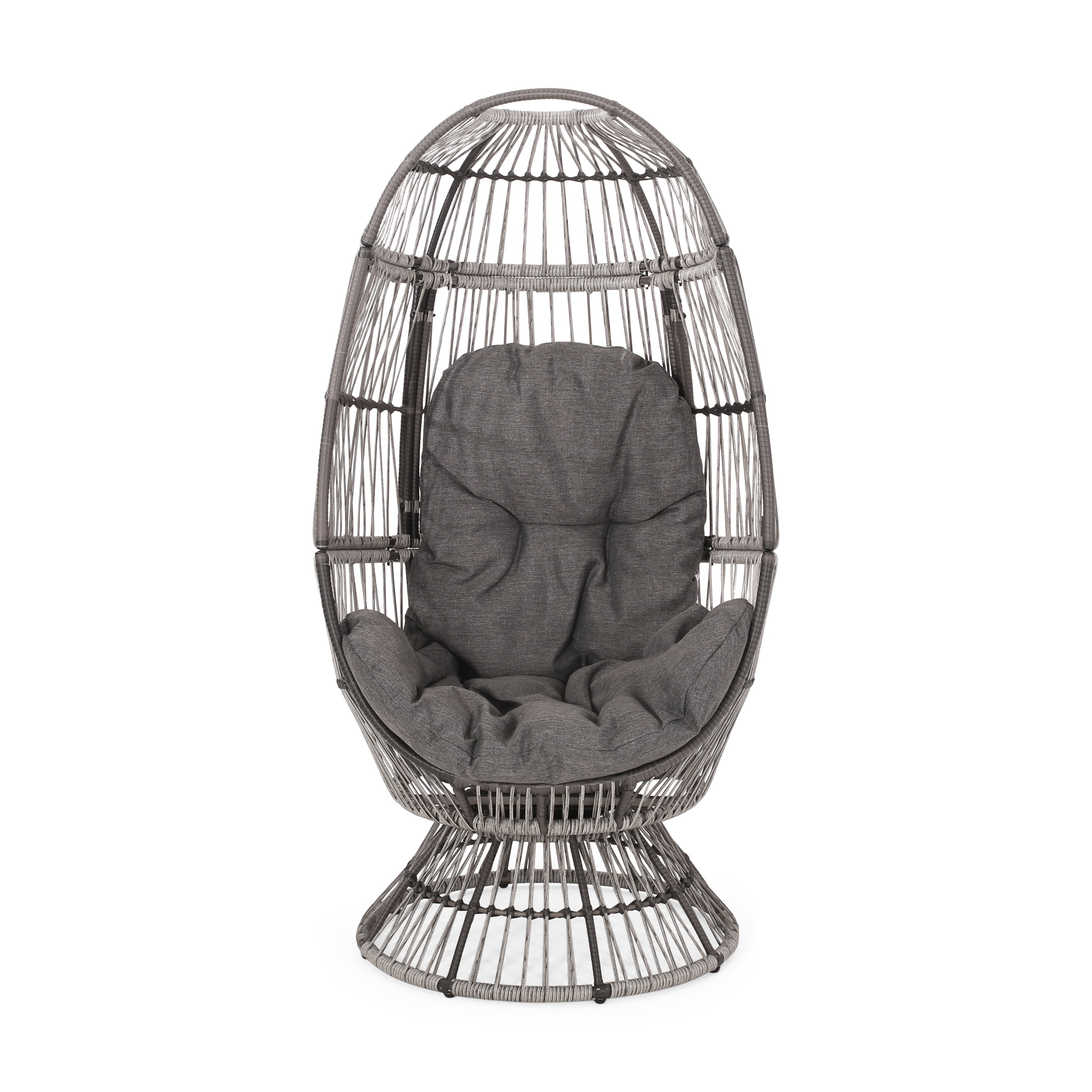 Gray Wicker Swivel Egg Chair with Water-Resistant Cushions