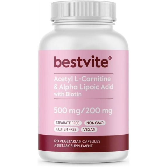 Acetyl L-Carnitine 500mg & Alpha Lipoic Acid 200mg per Capsule with Biotin (120 Vegetarian Capsules) - No Stearates - Vegan - Non GMO - Gluten Free
