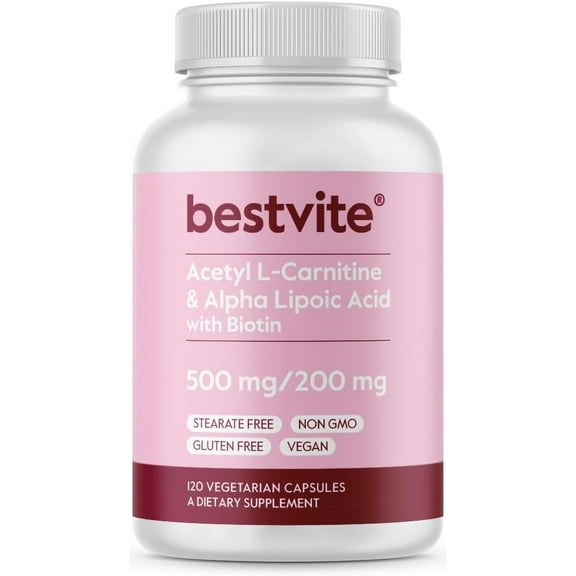 Acetyl L-Carnitine 500mg & Alpha Lipoic Acid 200mg per Capsule with Biotin (120 Vegetarian Capsules) - No Stearates - Vegan - Non GMO - Gluten Free