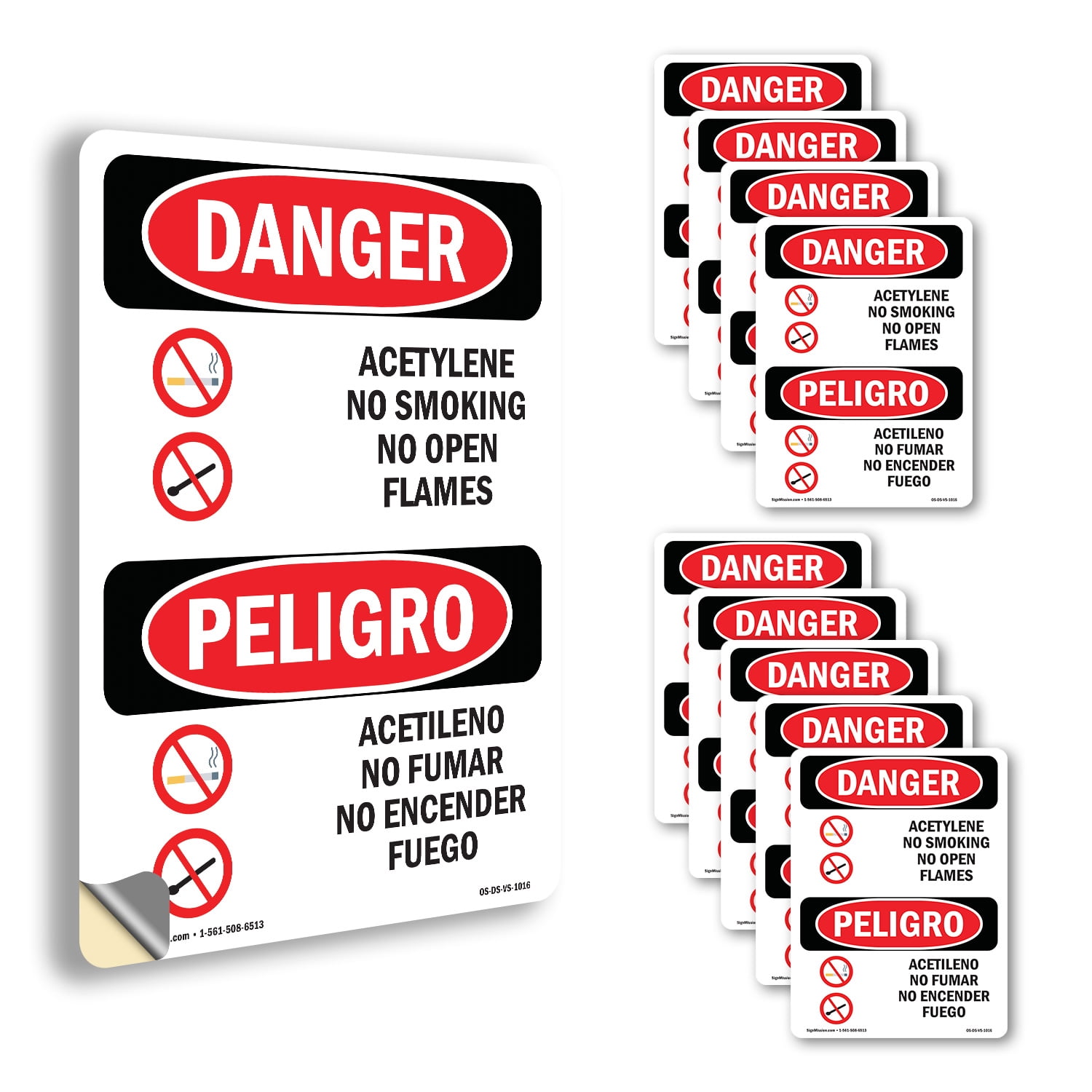 Acetylene No Smoking No Open Flame Bilingual OSHA Danger Vinyl Decal ...