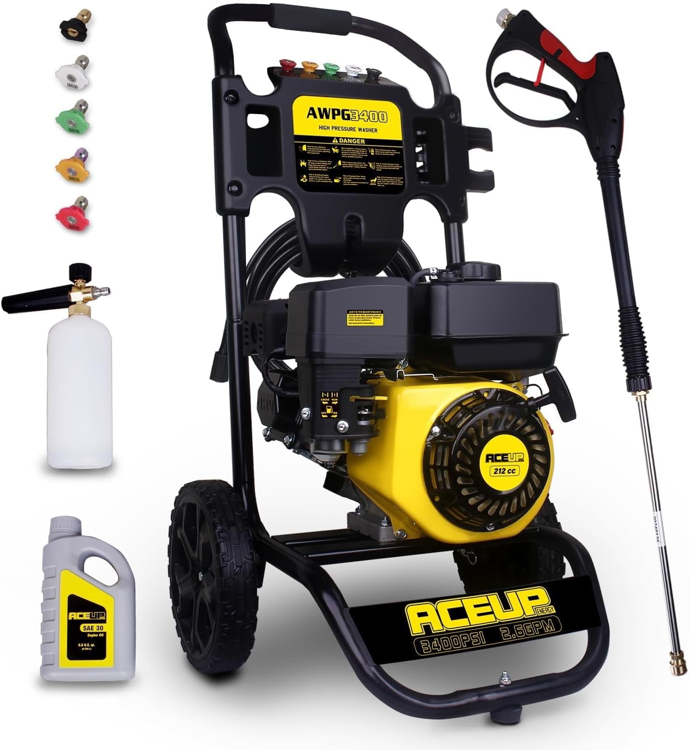 Aceup Energy 3400 PSI 2.6 GPM 212cc Gas Powered Pressure Washer, High Pressure Washer, EPA Compliant