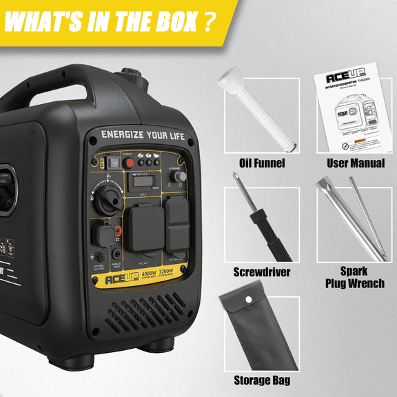 Aceup Energy 4000W Gasonline Inverter Generator,Quiet & Portable,Long-Lasting Power, RV Ready,Hurricane,Tropical Storm & Outage 4000W Peak, 3200W Rated| TI4000X