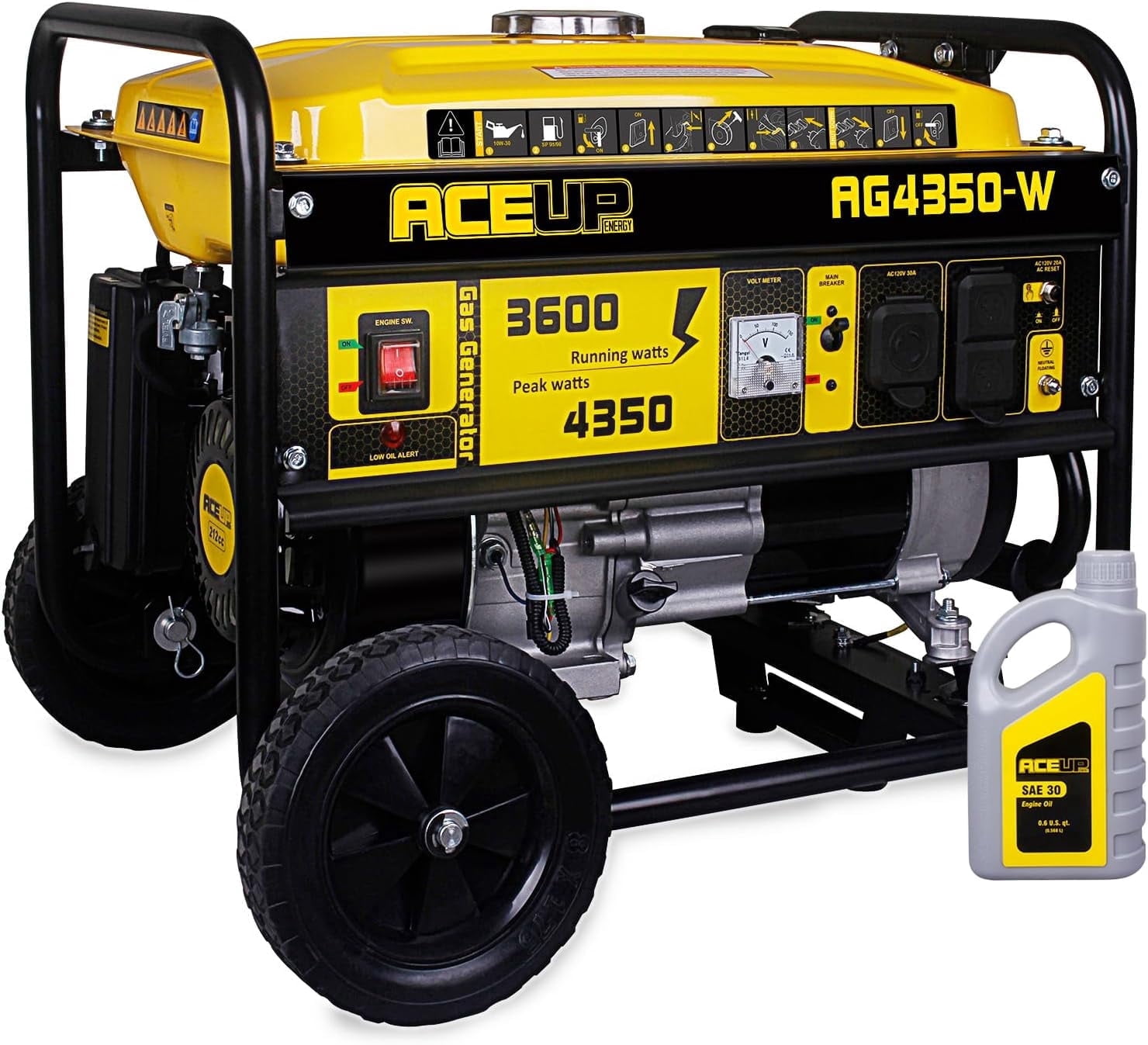 Aceup Energy 4350W Portable Gas Generator, 3600W Running Watts, 208cc, Pull Cord Start, Wheel Kit Included, EPA & CARB Compliant, for Camping