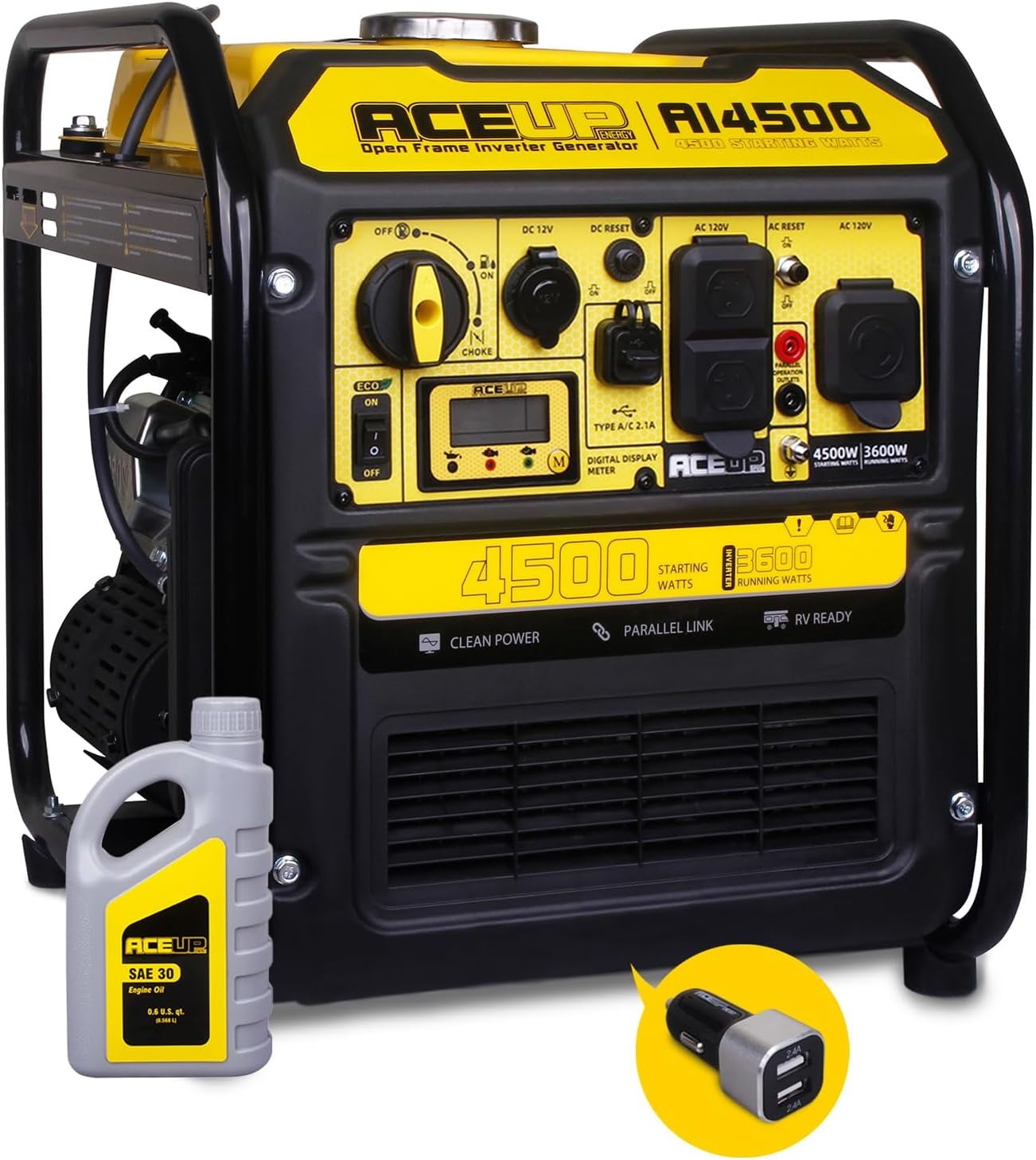Aceup Energy Quiet 4500W Portable Inverter Generator, Multi-Port Gas Generator 223CC RV-Ready, EPA Compliant
