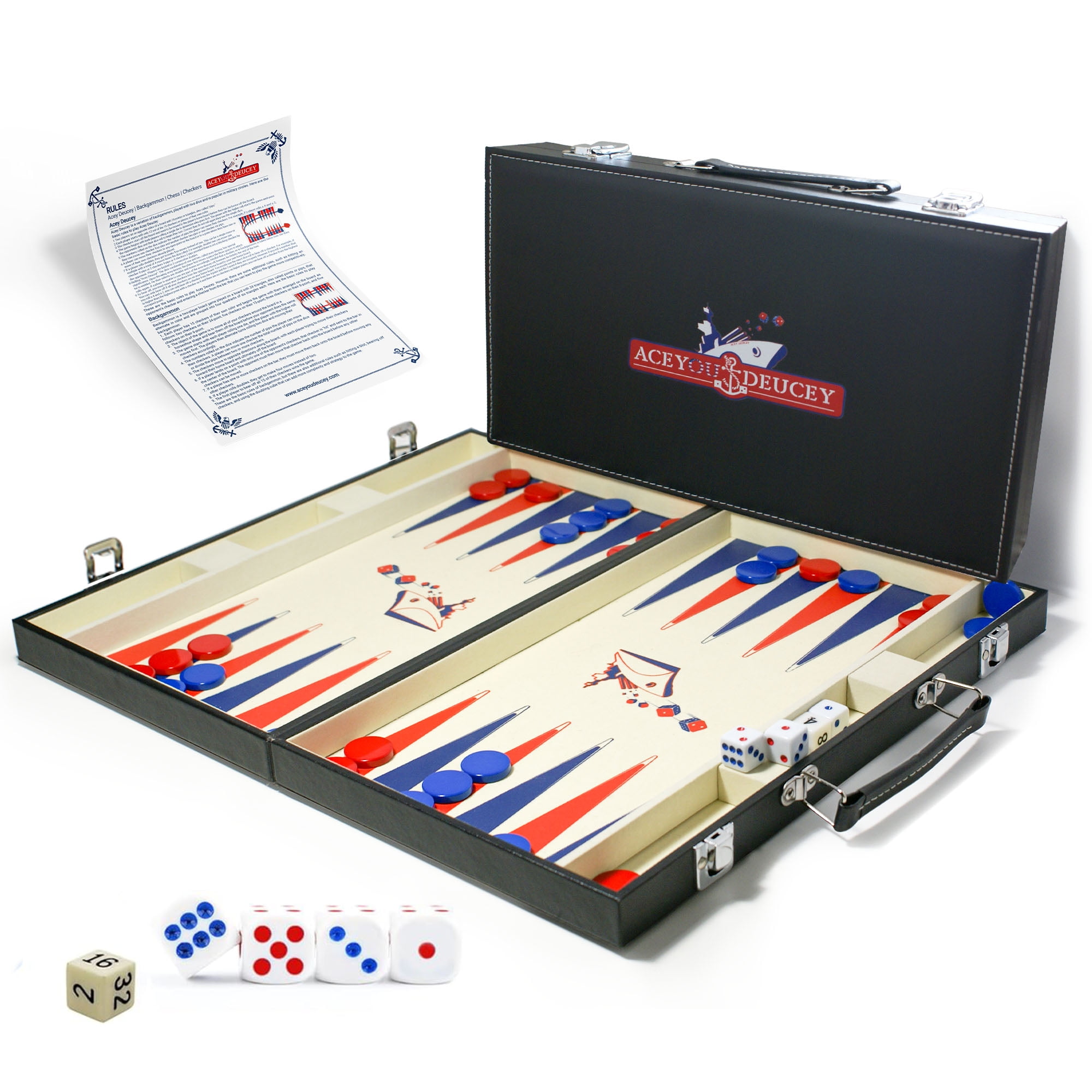 Acey Deucey & Backgammon Game 15" Classic Board, Faux Leather Case