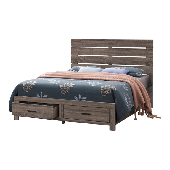 Benjara Ach Wood Queen Storage Bed with 2 Drawers, Plank Style Headboard, Brown