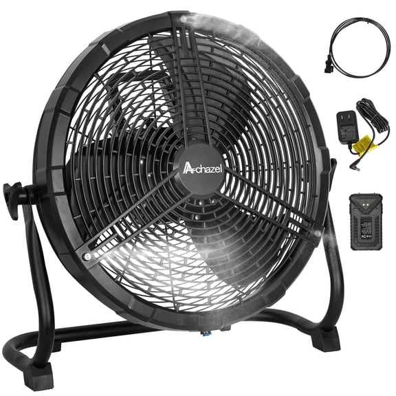 Achazel 16" Portable Misting Fan 1950 CFM Rechargeable Outdoor Floor Fan 15600mAh Battery Powered for Outside Travel Backyard Patio Tent Picnic
