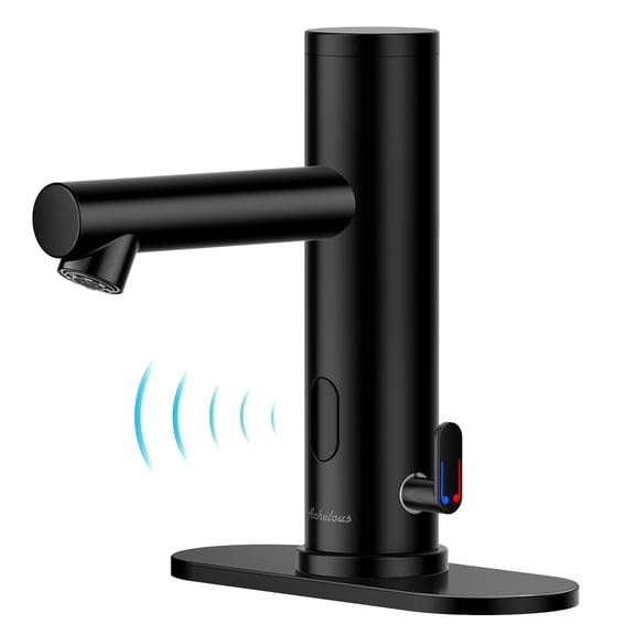 Achelous Automatic Touchless Bathroom Sink Faucet with Deck Plate,Hands Free Infrared Sensor Basin Faucet with Temperature Control, Battery Powered Sensor Bathroom Tap,Black