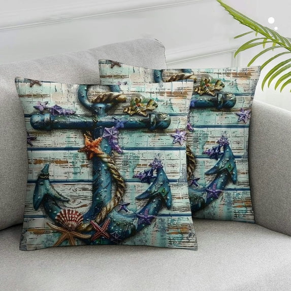 Acheng Anchor Throw Pillow Cover Rustic Wood Plank Nautical Theme Marine Ornament Decorative Pillow Case Home Decor Square Pillowcase White