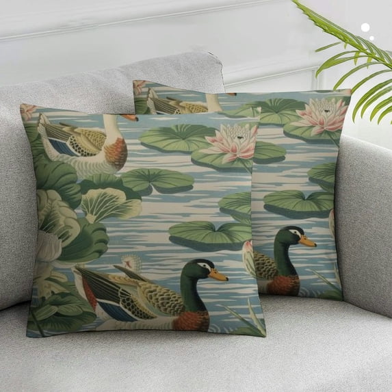 Acheng Aqua Lotus and Duck Garden Pillow Cover Green Water Lily Chinoiserie Flower Decorative Throw Pillow Cushion Chinoiserie Throw Pillow Case for Living Room Bedroom White,2 Pcs White