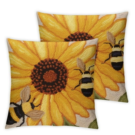 Acheng Artist-Designed Sunflower Bees Hand-Hooked Wool Decorative Throw Pillow Flower Themed Pillow for Couches & Beds - Low Maintenance Nature Floral, Garden Home Decor 18x18in