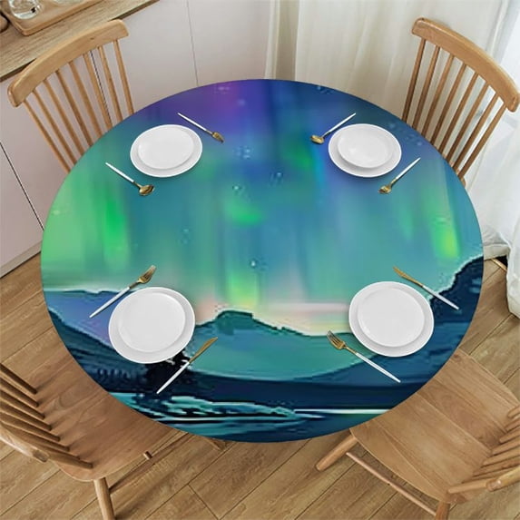 Acheng Aurora Borealis Mountains Landscape Round Tablecloth with Elastic Edge 100% Polyester Fiber Great for Home Kitchen/Parties/Holiday Dinner 54-58