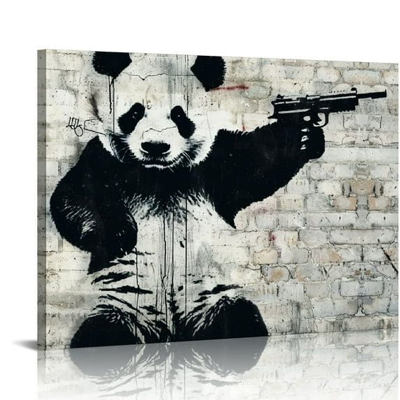 Acheng Banksy Canvas Print Wall Art - Panda with Guns Graffiti & Street Art Cityscape Illustrations Pop Art - Black and White for Living Room, Bedroom, Office pattern2