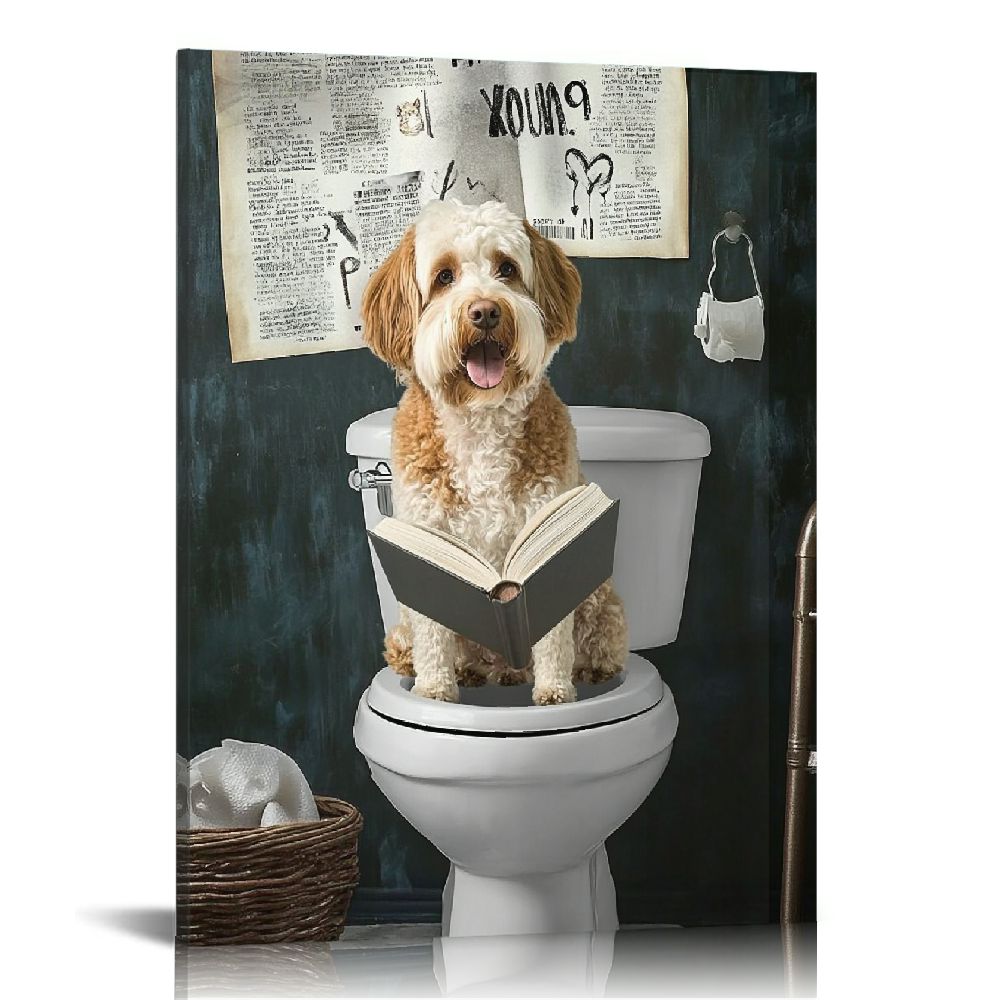 Acheng Bathroom Decor Canvas Wall Art Funny Dog Sitting in Toilet ...
