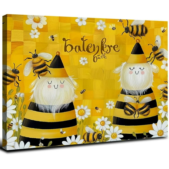 Acheng Bee Happy Canvas Print Wall Art for Bathroom Kitchen Wall Decor Bee Honey Gnomes Daisy Flower on Yellow White Buffalo Plaid Picture Painting Contemporary Artwork Framed for Bedroom 20x16inch