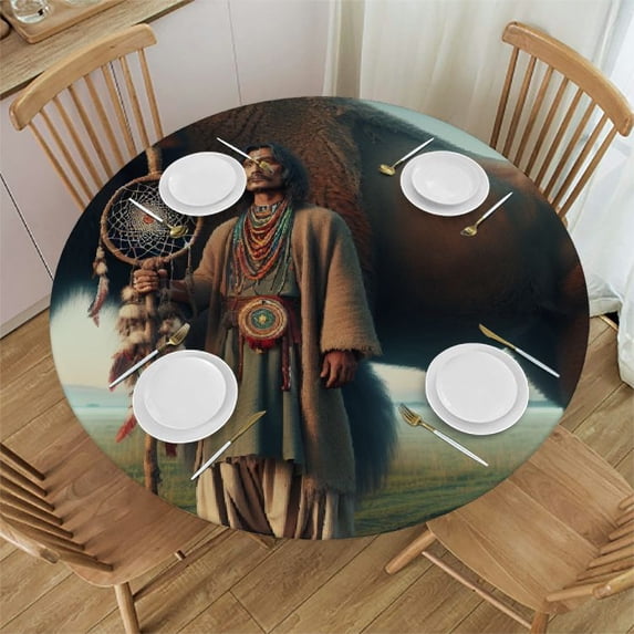 Acheng Bison Dreamcatcher Connection Round Tablecloth for Picnic Dining Kitchen Farmhouse 100% Polyester Fiber with Elastic Edge 42-46