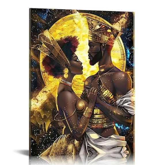 Acheng Black King and Queen Wall Art, African American Canvas Print Painting Afro Couple Gold Wall Decor Crowns Poster Modern Artwork Picture for Bedroom Living Room Home 16x20 in