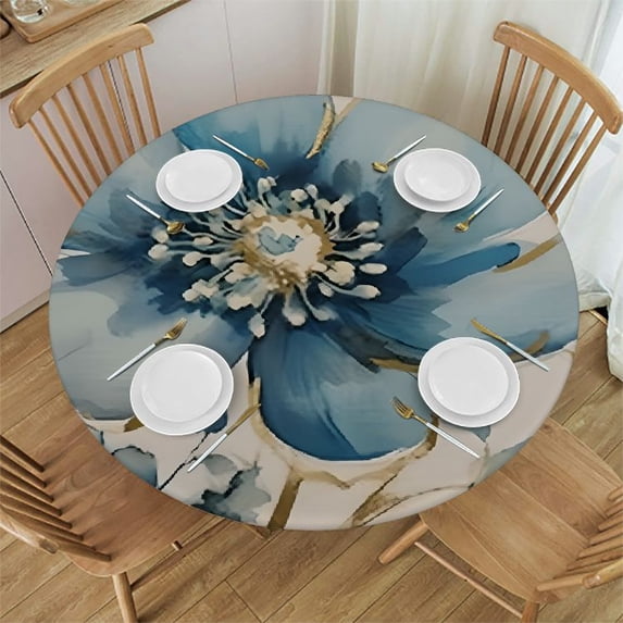 Acheng Blue Flower Round Tablecloth with Elastic Edge 100% Polyester Fiber 46-50