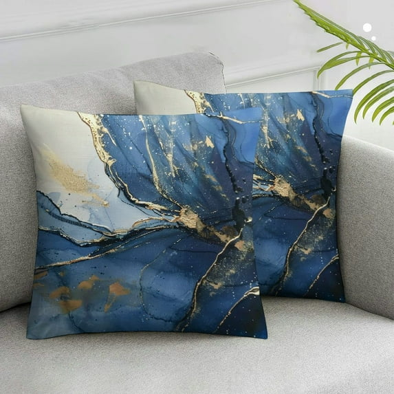 Acheng Blue Gold Marble Throw Pillow Cover, Decorative Pillow Cases Set of 2 for Home Living Room Bed Sofa Bedroom Decor Cases Square Outdoor White