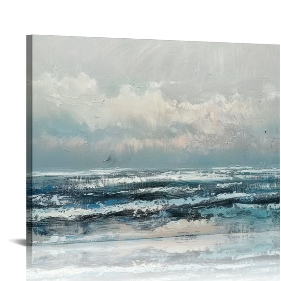 Acheng Blue Gray Abstract Canvas Wall Art Haze Blue Painting Textured Navy and Silver Pictures for Bedroom Abstract Skyline Artwork Living Room Wall Décor picture 2