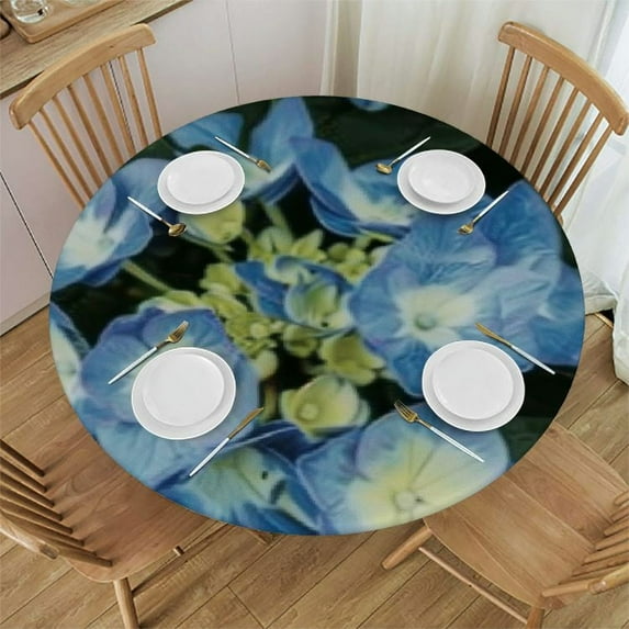 Acheng Blue Hydrangea Round Fitted Tablecloth, Waterproof Round Table Cloth with Elastic Edged Washable Table Cover for Indoor Outdoor Fits Tables 44x44in