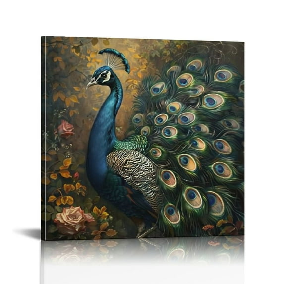 Acheng Blue Peacock Canvas Wall Art Elegant Animal Painting Print Decor Vintage Peacock Pictures Stretched and Framed for Home Lving Room Bedroom Modern Decoration 16x16 in