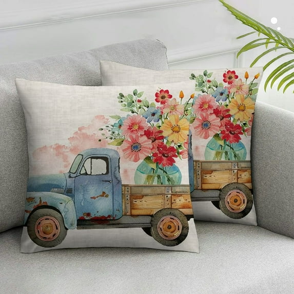 Acheng Blue Truck Hydrangea Spring Throw Pillow Covers Pink Floral Outdoor Spring Summer Decor Farmhouse Lumbar Decorative Throw Pillows Cases Decorations for Couch Sofa Porch,Set of 2 White