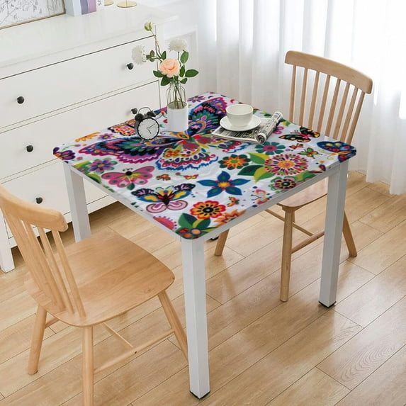 Acheng Butterfly Flowers Colorful Square Tablecloth with Elastic Edge 100% Polyester Fiber 46*46