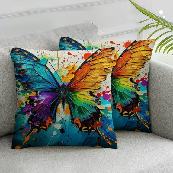 Acheng Butterfly Throw Pillow Covers Colorful Oil Painting Abstract Rainbow Art Theme Watercolor White Blue Home Sofa Decorative Living Dorm Couch Office,Set of 2 White