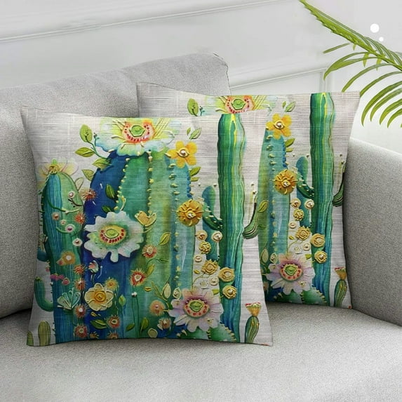 Acheng Cactus Pillow Covers Summer Green Cactus Succulent Plants Decorative Throw Pillow Cover Mexican Flower Cushion Cover Home Sofa Decorative Square,2 Pcs (Cactus floral) White