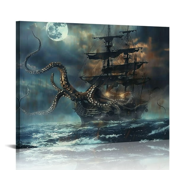 Acheng Canvas Print Wall Art Kraken Octopus Monster Pirate Ship Wall Decor Paintings Pictures for Living Room Modern Artwork Stretched and Framed Ready to Hang 20x16in
