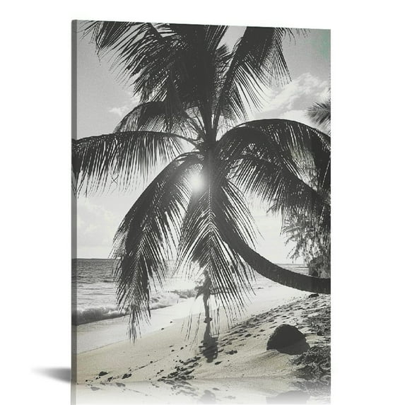 Acheng Canvas Print Wall Art Vintage Film Grain Beach & Palm Tree Floral Plants Photography Modern Art Rustic Dramatic Dark Black and White for Living Room, Bedroom, Office 12x16 in