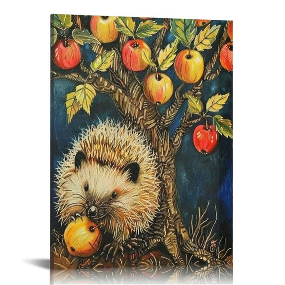 Acheng Canvas Prints Hedgehog with Apple Tree Canvas Prints Wall Art Modern Artwork Animals with A Tree Living Room Art Artwork for Bedroom Living Room Kitchen Office 12x16 in