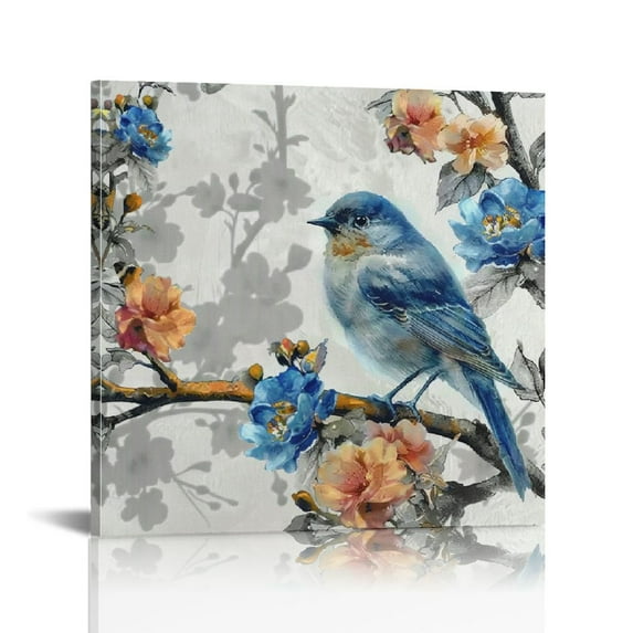 Acheng Canvas Wall Art Beautiful Watercolor blue Bird and flower Painting Wall Art Print on Contemporary Home Bedroom Wall Decoration Wrapped with Wooden Frame Ready to Hang 12x12 in