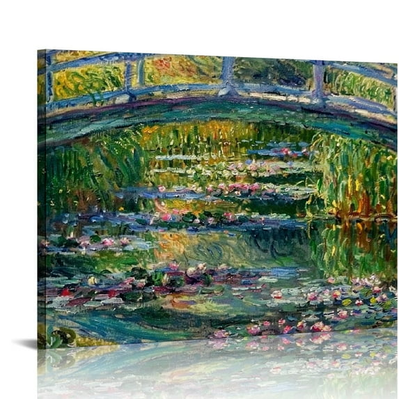 Acheng Canvas Wall Art Bridge Water Lily Pond Giclee Print Artwork Claude Monet Impressionist Painting Reproduction Green Garden Classic Decoration Framed for Home Office Living Room Decor 20x16in