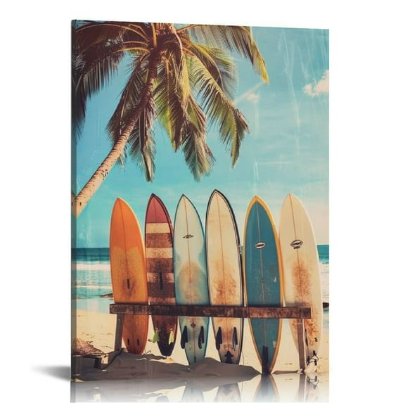 Acheng Canvas Wall Art Framed Surfboard Palm Tree Beach Tropical Paradise Sea Vintage Art Print Poster Canvas Art Wall Art Picture Print Modern Family Bedroom Decor 16x20 in